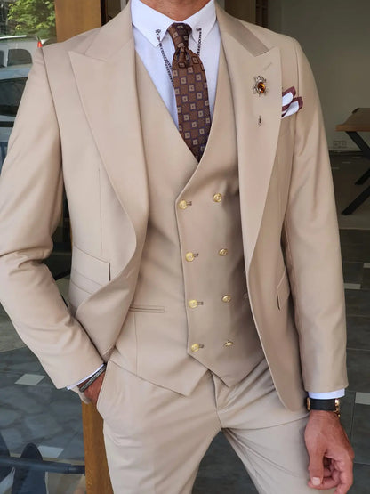 Boston Beige Slim Fit Peak Lapel Wool Suit - Elevate Your Wardrobe BOJONI