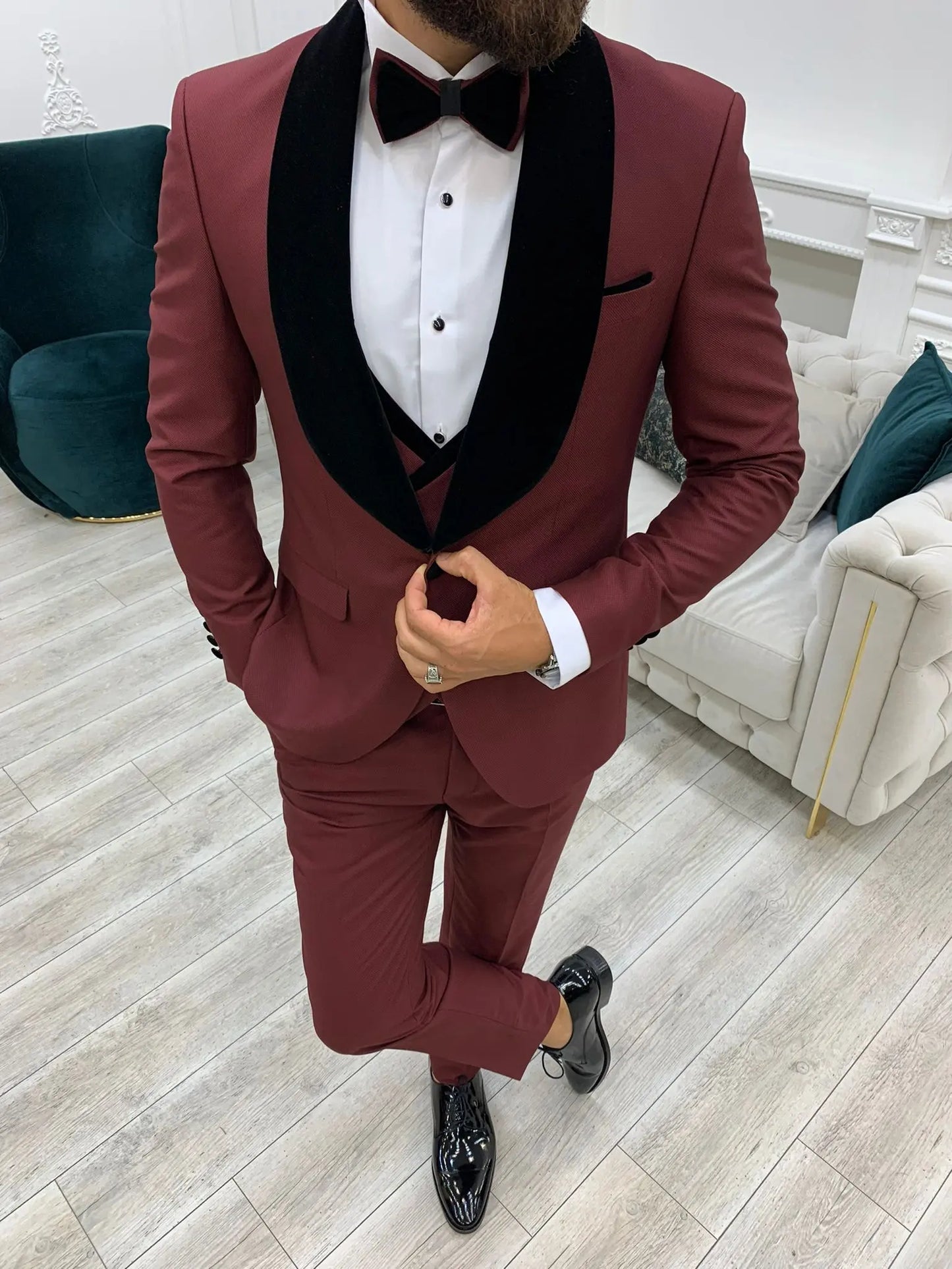 Lazio Burgundy Slim Fit Velvet Shawl Lapel Tuxedo - BRABION