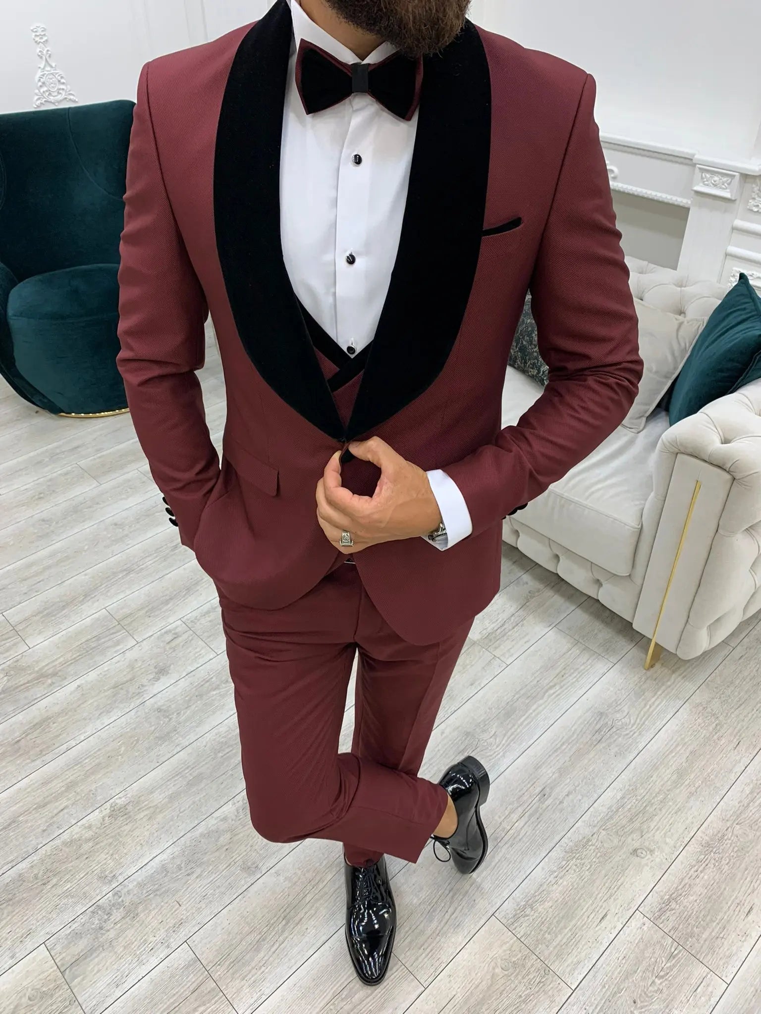 Lazio Burgundy Slim Fit Velvet Shawl Lapel Tuxedo - BRABION