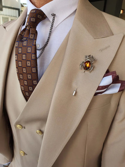 Boston Beige Slim Fit Peak Lapel Wool Suit - Elevate Your Wardrobe BOJONI