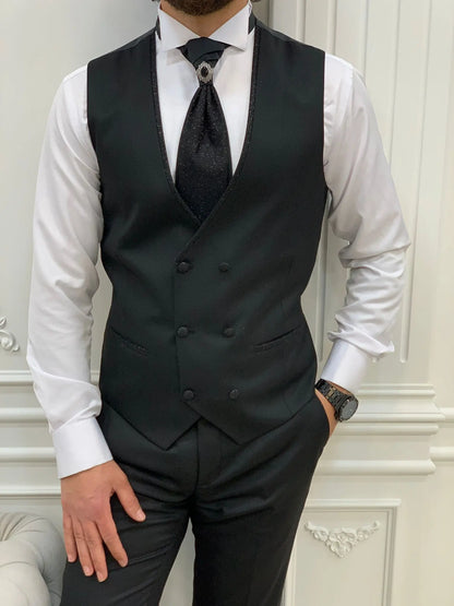 Forte Black Slim Fit Shawl Lapel Wedding Suit - BRABION