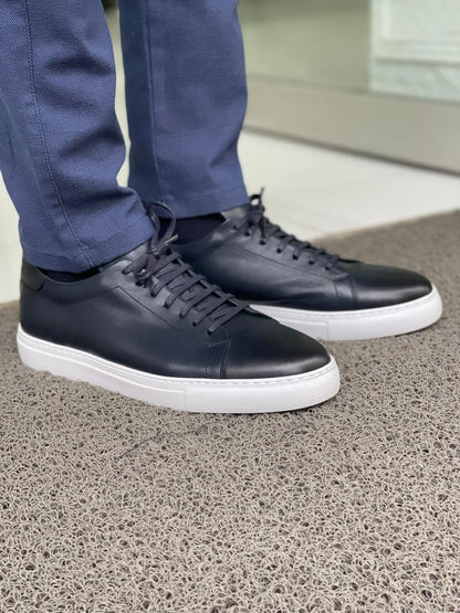 Martin Navy Blue Lace-Up Mid-Top Sneakers: The Perfect Blend of Style and Comfort - BRABION
