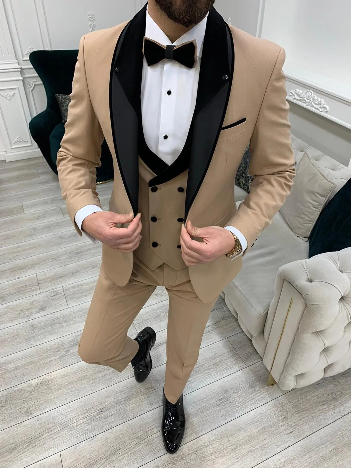 Eden Gold Slim Fit Velvet Shawl Lapel Tuxedo - BRABION