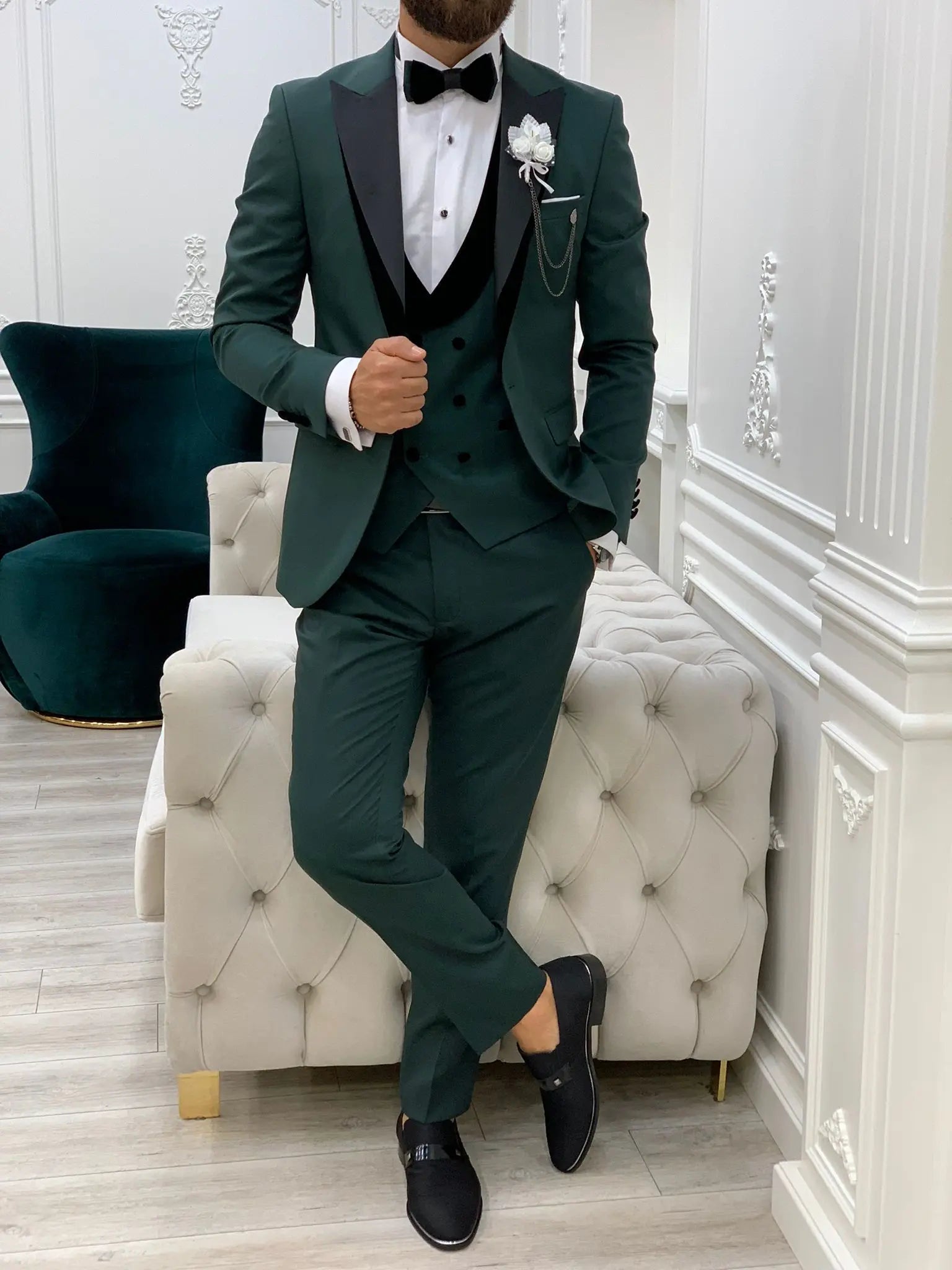 Infinite Green Slim Fit Velvet Peak Lapel Tuxedo - BRABION