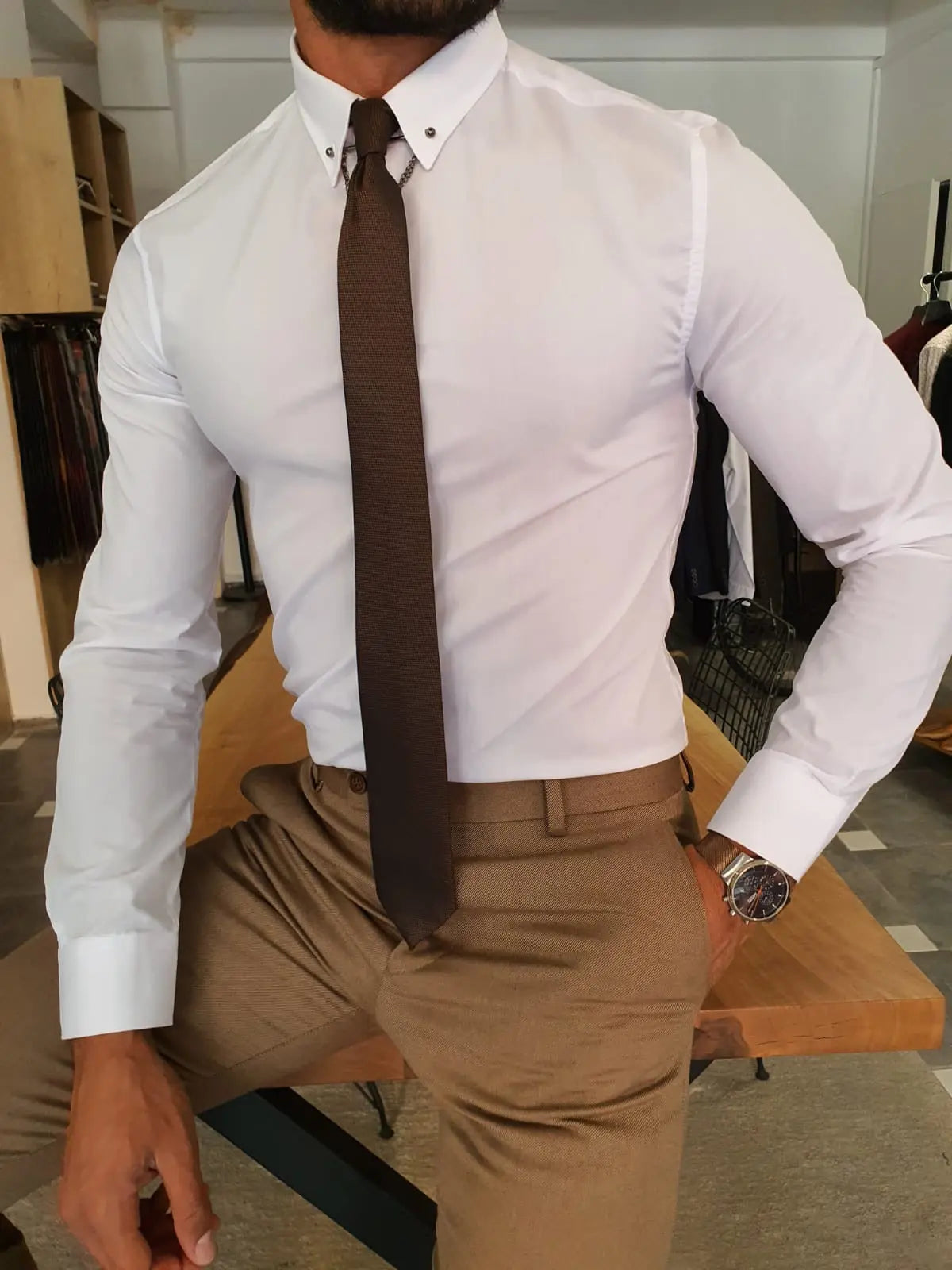 Brabion Stefano White Slim Fit Chain Collar Shirt - BRABION
