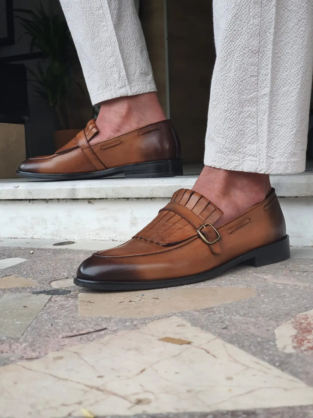 Bristol Tan Buckle Detailed Leather Loafers - BRABION