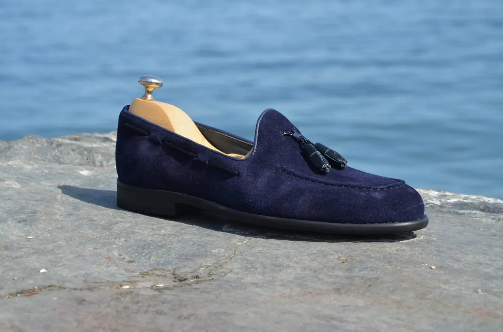 Suade Calf-Leather Loafer Shoes - Navy Blue - BRABION