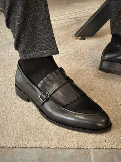 Torino Black Kilt Loafers - Elegant Leather Footwear for Any Occasion - BRABION