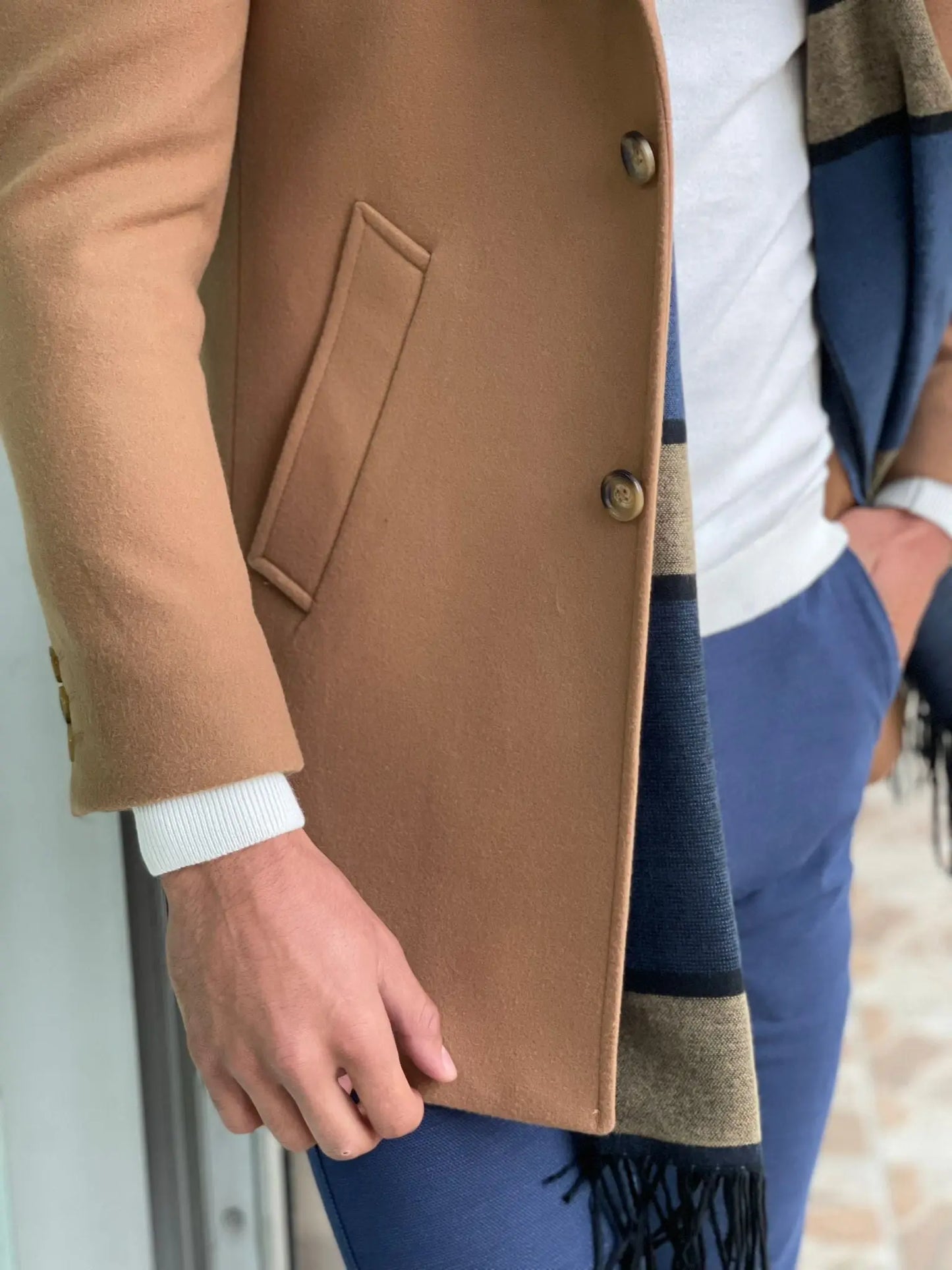 Viena Camel Slim Fit Wool Long Coat - BRABION