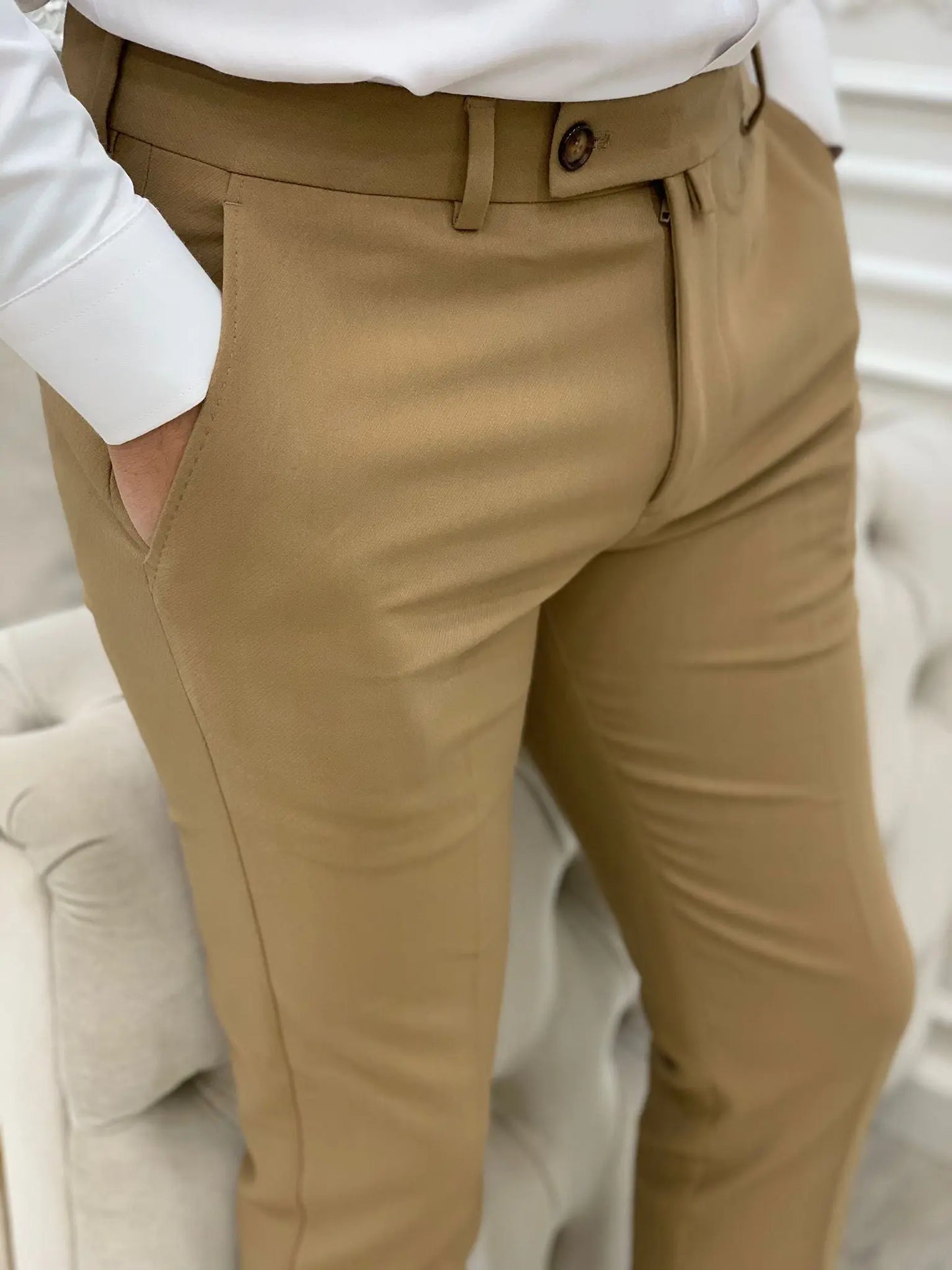 Cream Italian Style Slim Fit Trousers for Men - BRABION