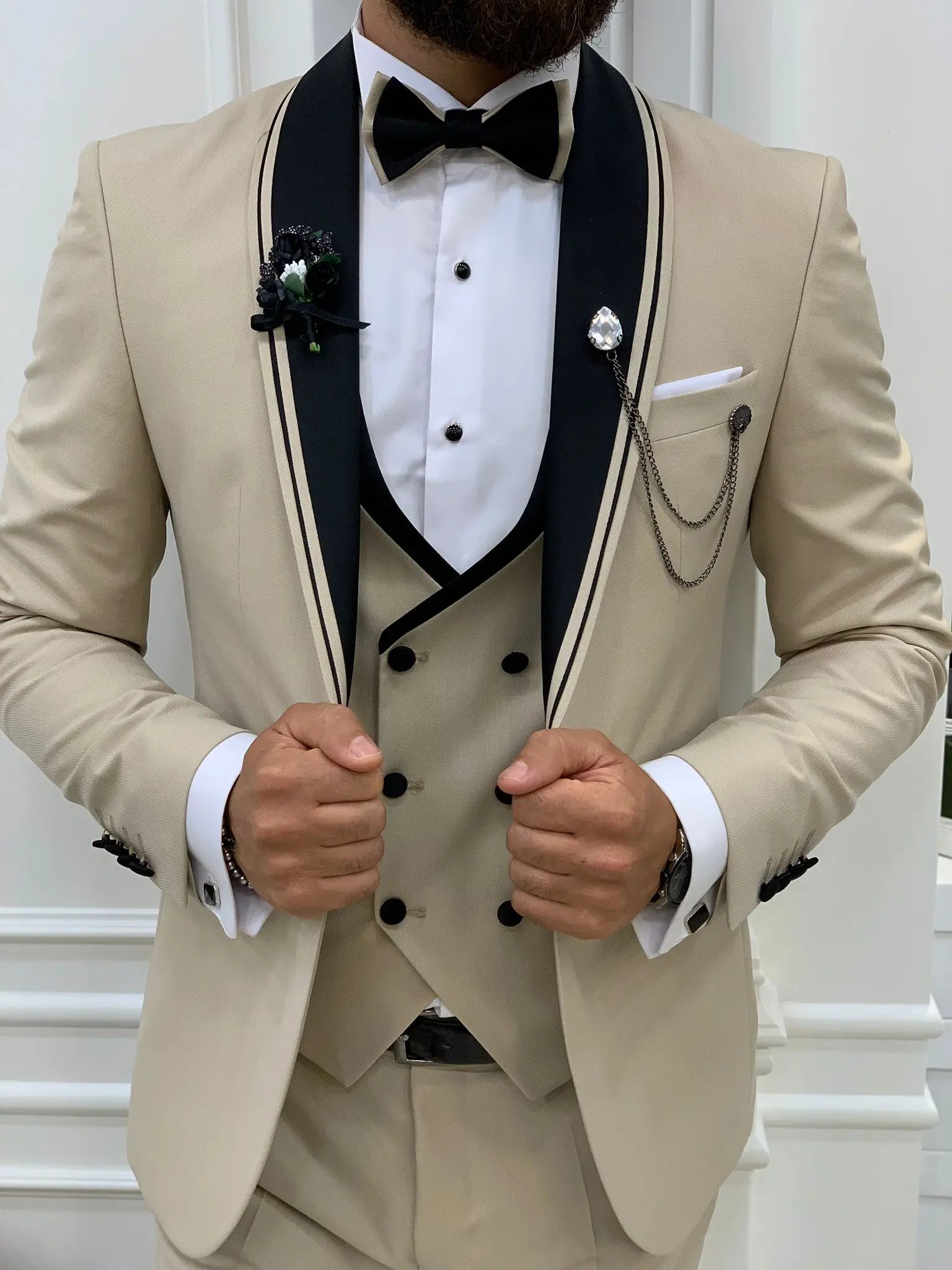 Infinite Beige Slim Fit Shawl Lapel Tuxedo - BRABION
