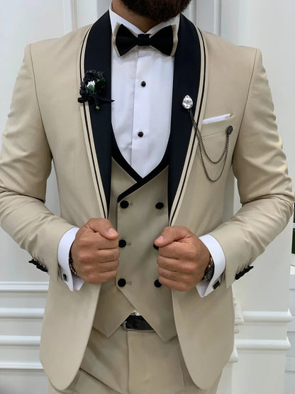 Infinite Beige Slim Fit Shawl Lapel Tuxedo - BRABION
