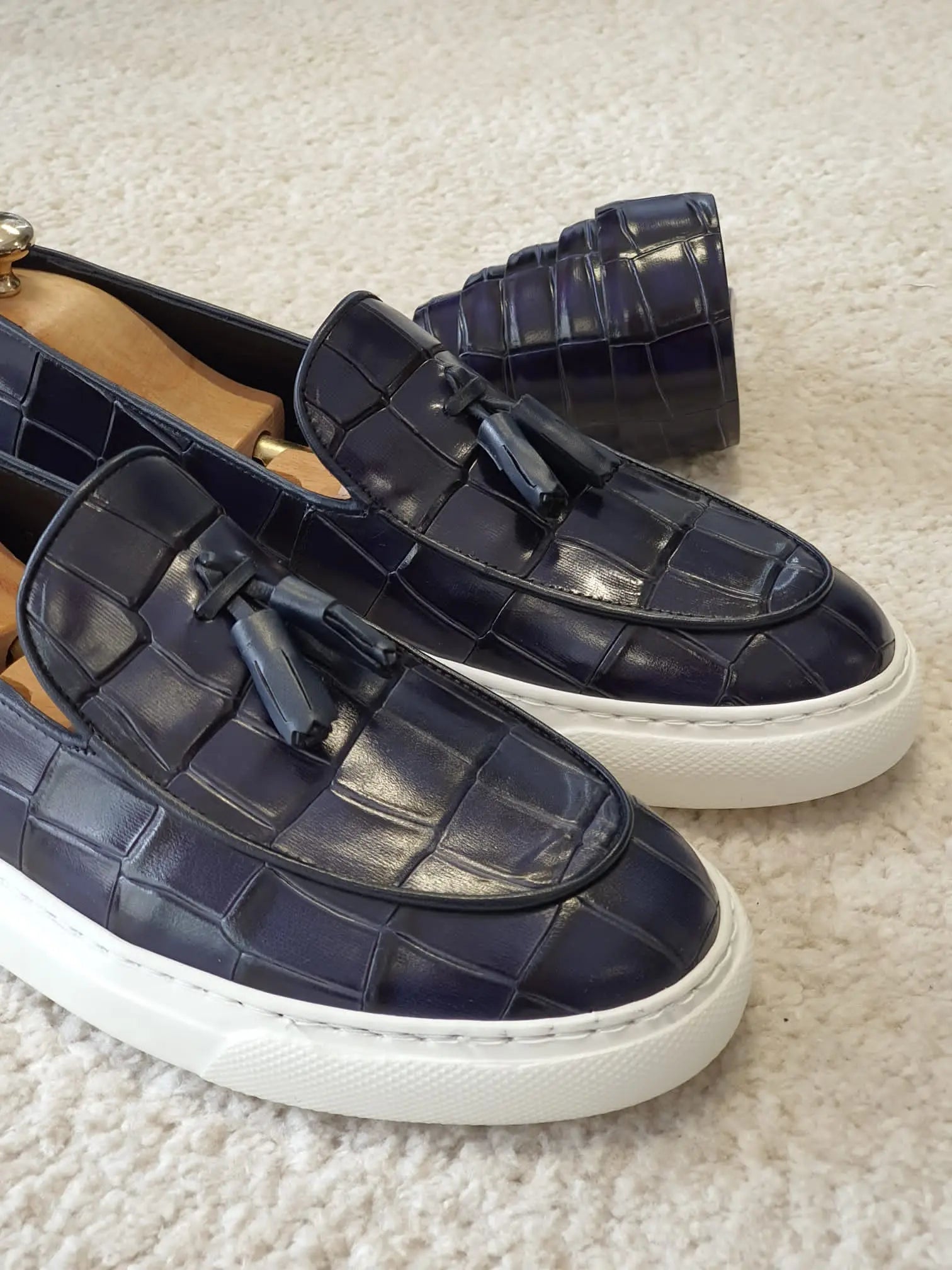 Berton Navy Blue Tassel Loafers: Sophisticated Elegance - BRABION