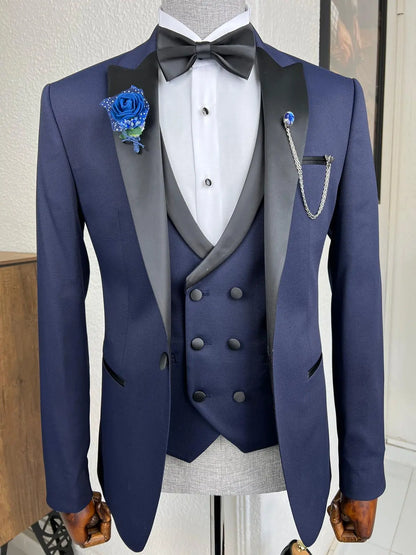 Bensen Slim Fit Patterned Navy Blue Dovetail Collared Tuxedo - BRABION