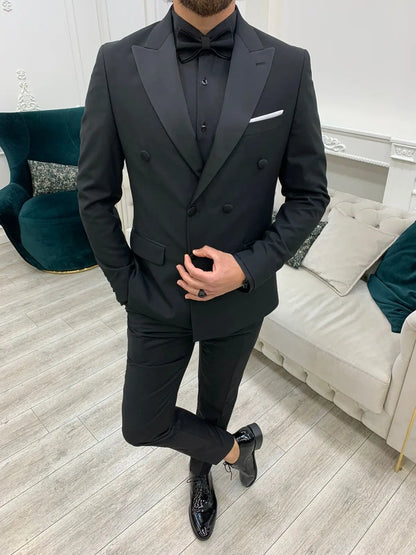 Forte Black Slim Fit Double Breasted Peak Lapel Tuxedo - BRABION