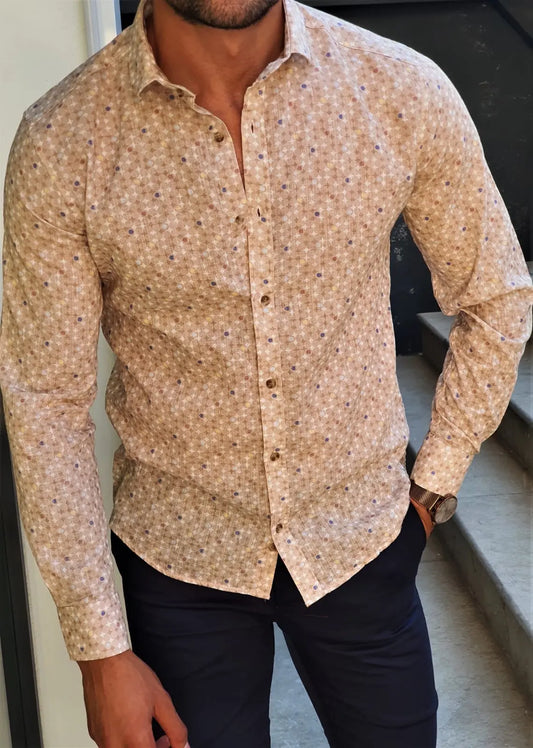 Brabion Stefano Beige Patterned Slim-Fit Cotton Shirt - BRABION