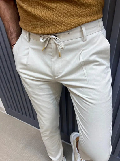 Sorento Beige Slim Fit Linen Pants - BRABION