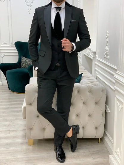 Forte Black Slim Fit Notch Lapel Wedding Suit - BRABION