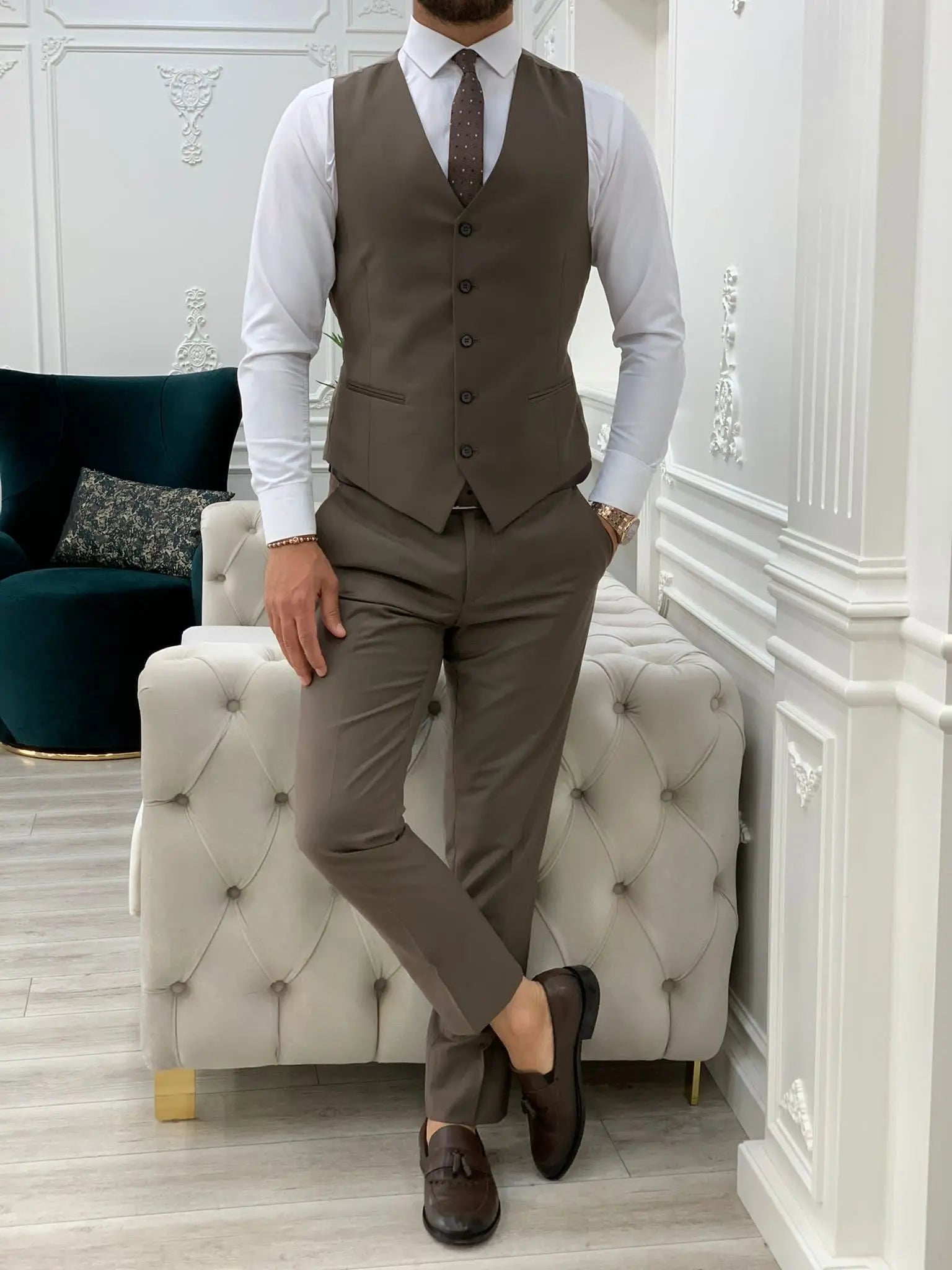 Lance Coffee Slim Fit Three-Piece Suit BOJONI