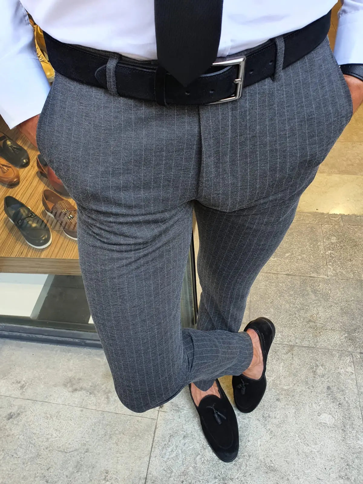 Oakland Anthracite Slim Fit Pinstripe Pants - BRABION