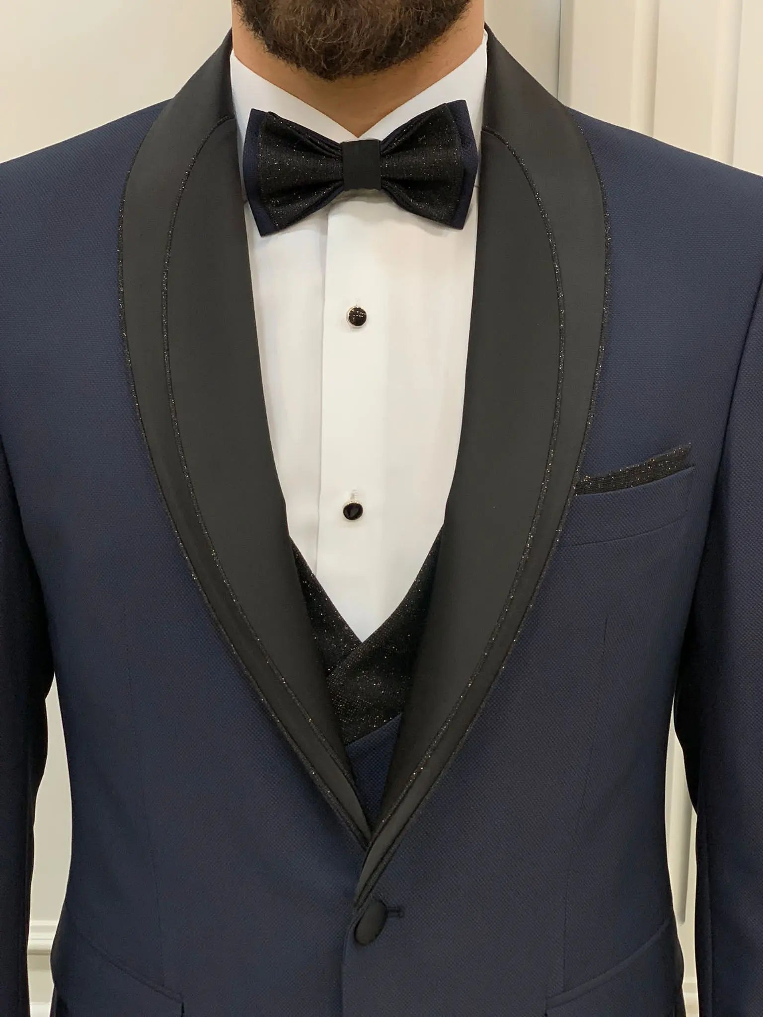 Eden Navy Blue Slim Fit Glitter Shawl Lapel Tuxedo - BRABION