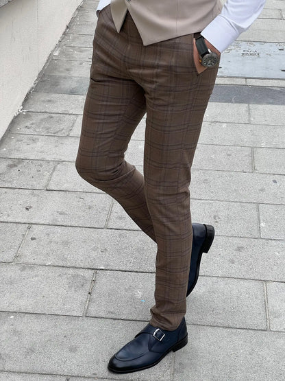 Fabio Brown Plaid Slim Fit Woolen Pants - BRABION