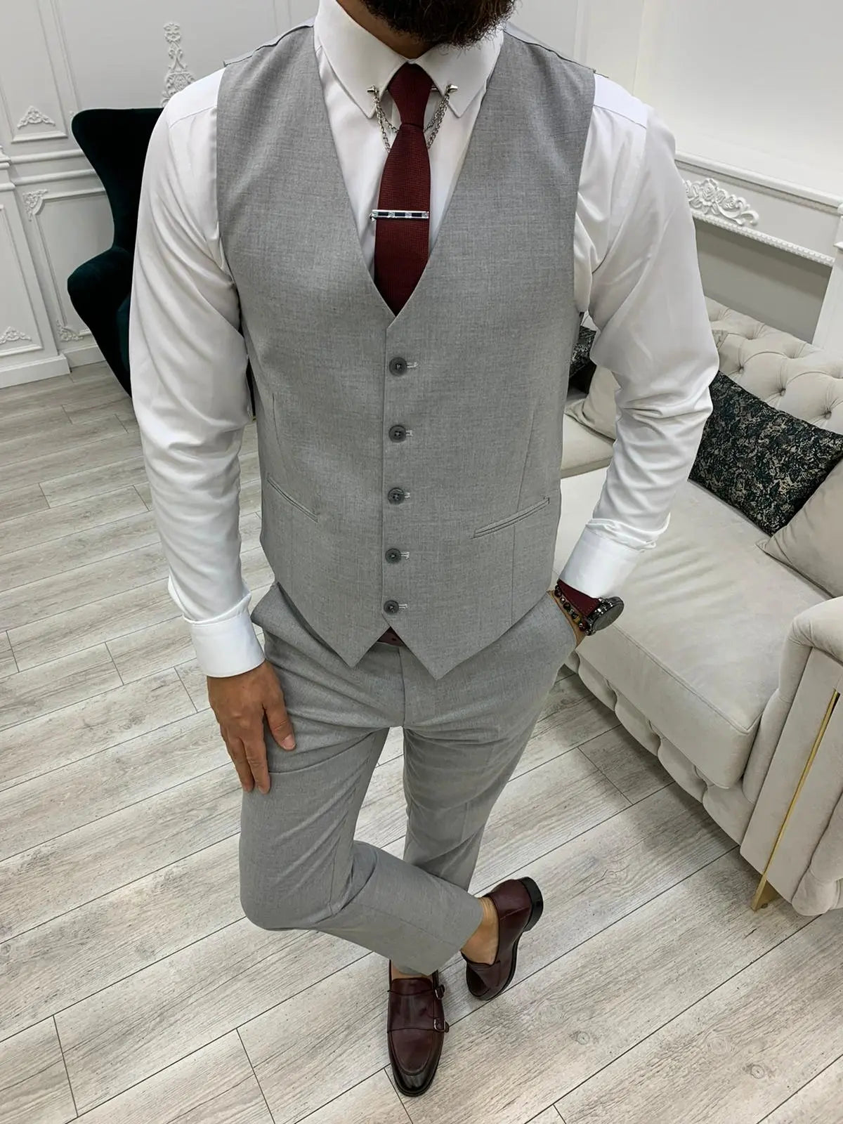 Lambrusco Dark Gray Slim Fit Peak Lapel Striped Suit - BRABION