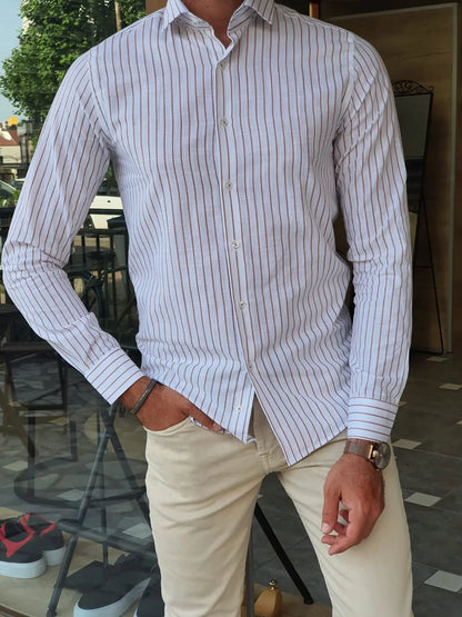 Brabion Berton Beige Slim Fit Long Sleeve Striped Cotton Shirt - BRABION