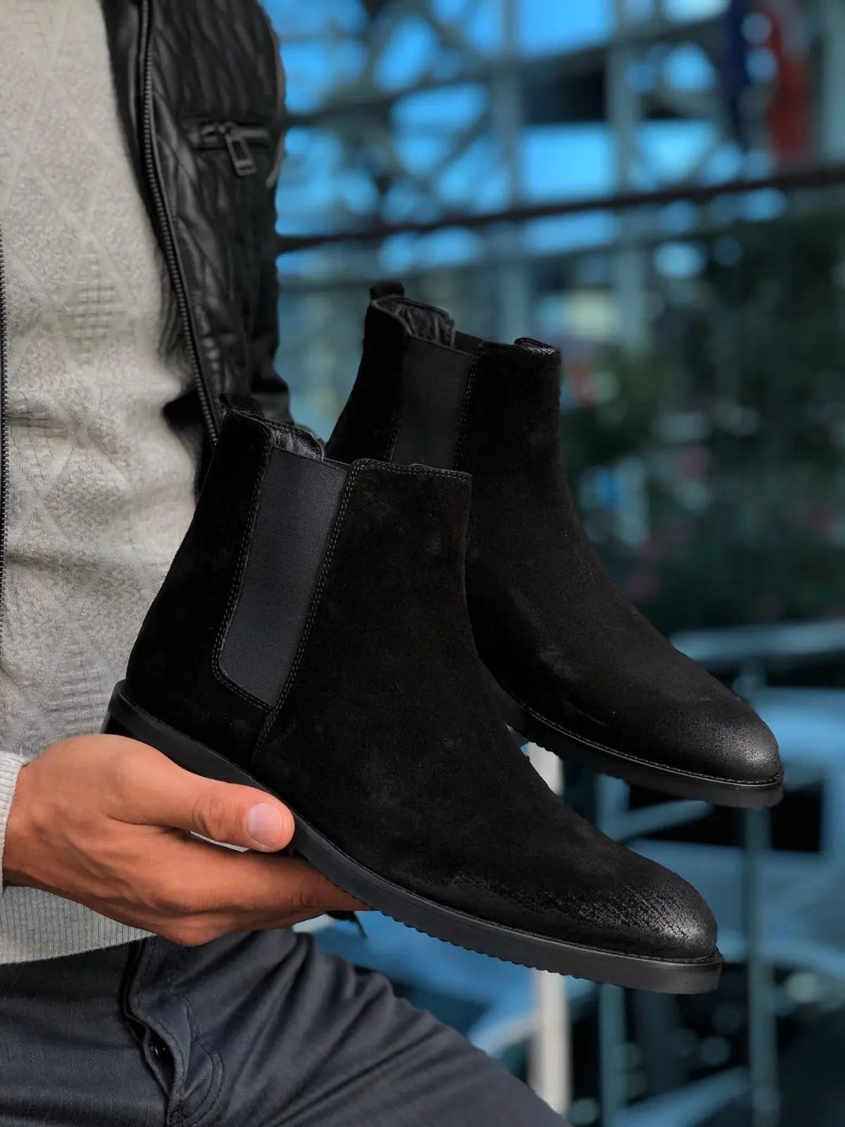 Aqua Black Suede Leather Chelsea Boots - BRABION