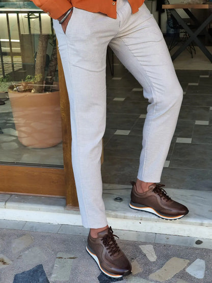 Bristol Beige Slim Fit Plaid Cotton Pants - BRABION