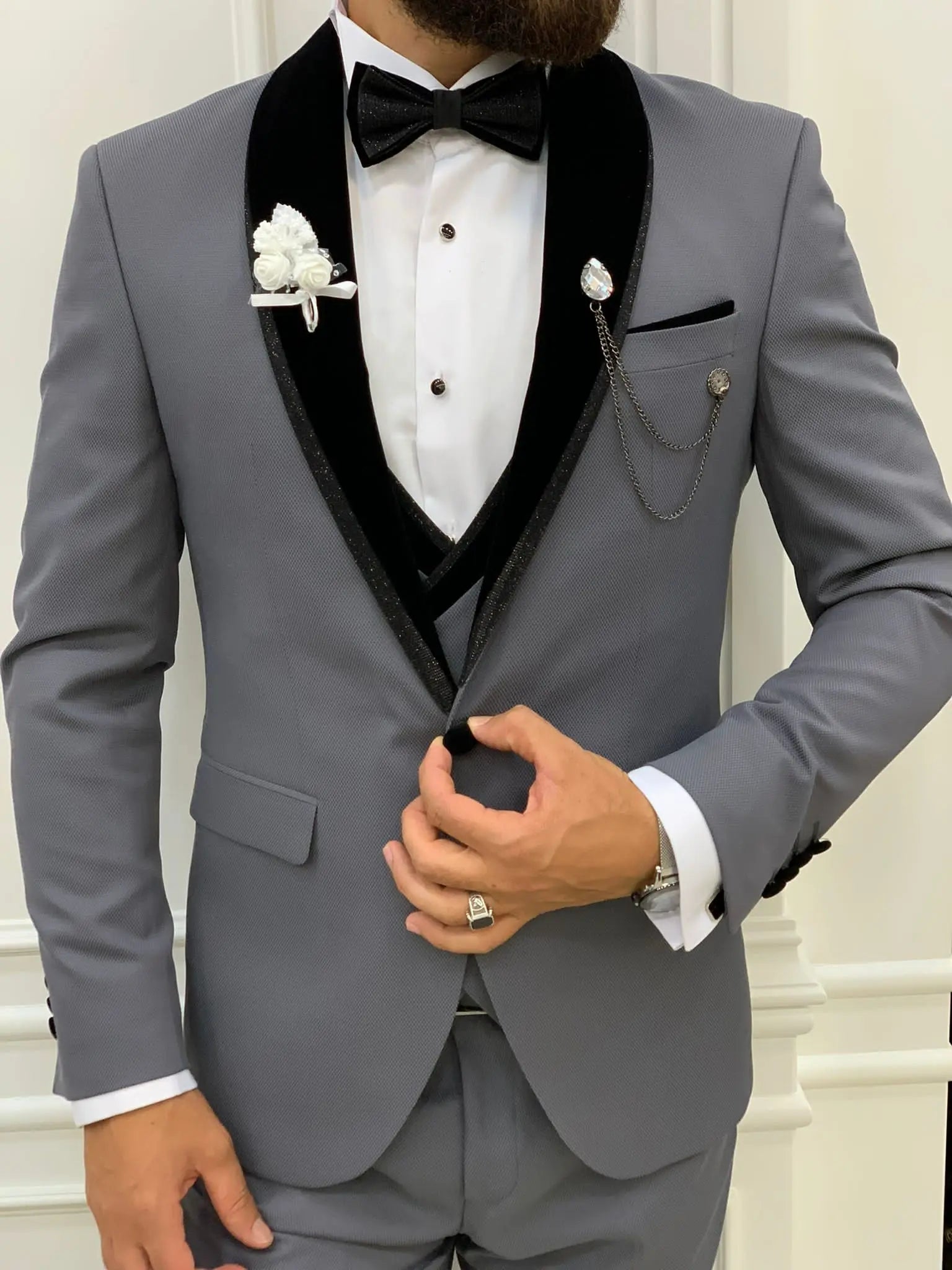 Acacia Gray Slim Fit Velvet Shawl Lapel Tuxedo - BRABION