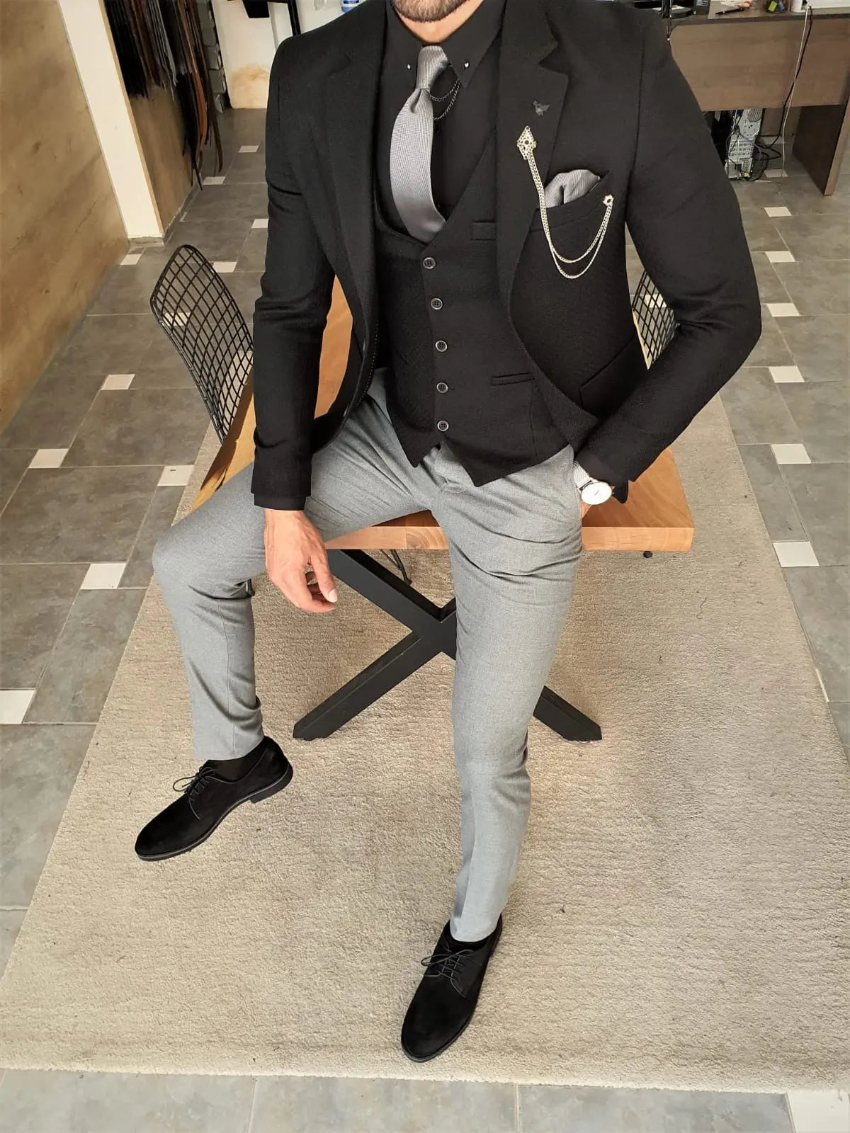 Men's Jet Black Slim Fit Three-Piece Suit BOJONI