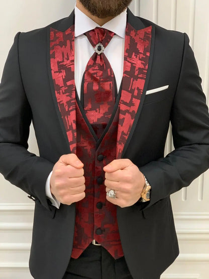 Paris Burgundy Black Slim Fit Peak Lapel Wedding Suit - BRABION