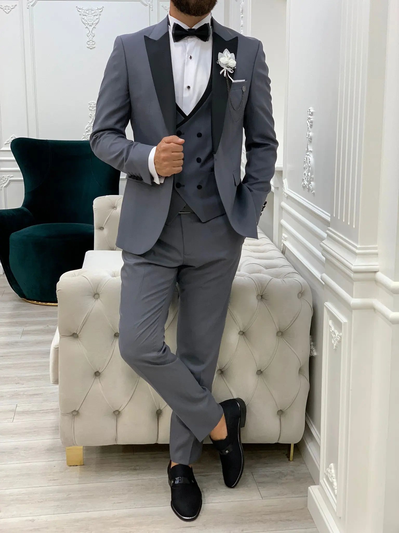 Infinite Gray Slim Fit Peak Lapel Tuxedo - BRABION