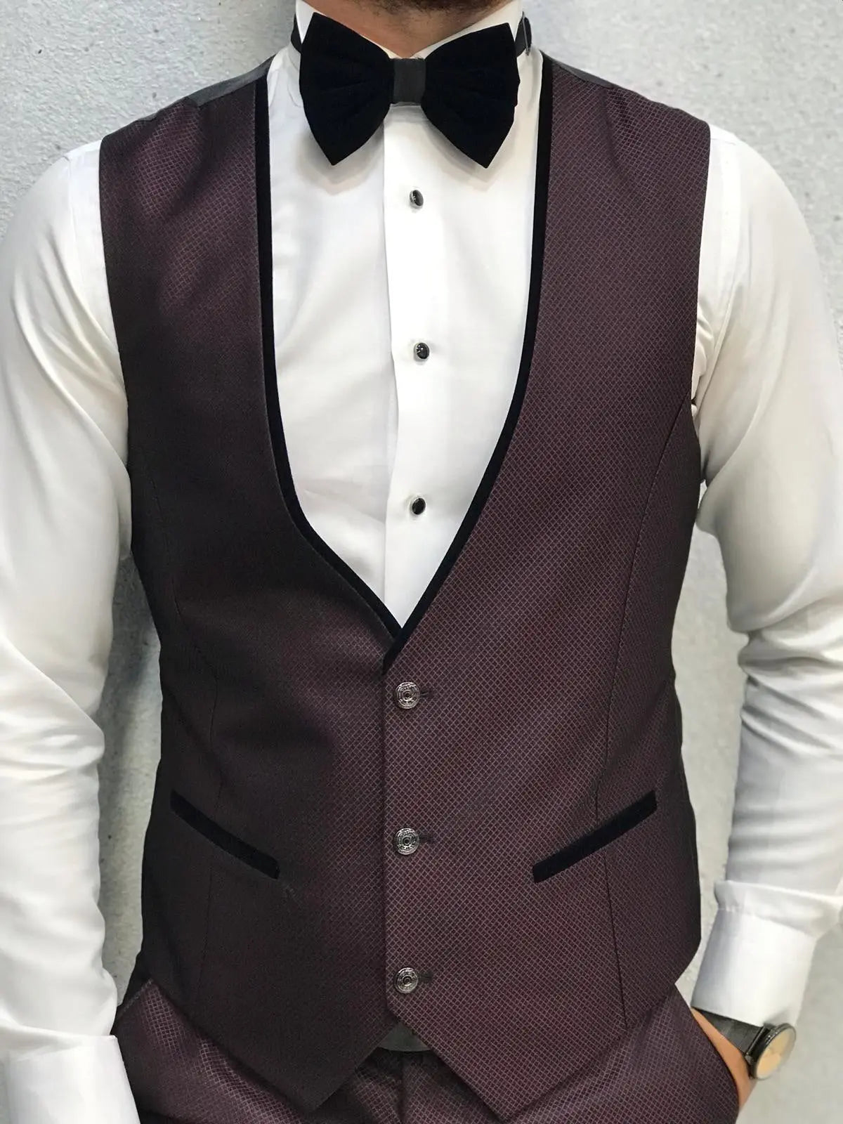 Acacia Claret Red Slim Fit Tuxedo - BRABION