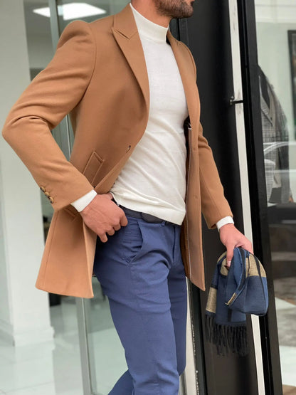 Viena Camel Slim Fit Wool Long Coat - BRABION