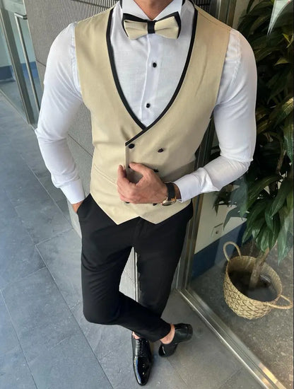 Bensen Slim Fit Mono Collared Beige Groom Suit - BRABION