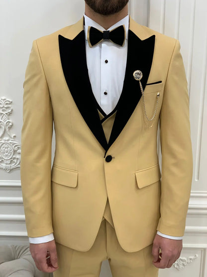 Eden Yellow Slim Fit Velvet Peak Lapel Tuxedo - BRABION