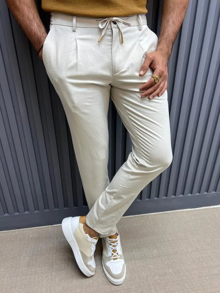Sorento Beige Slim Fit Linen Pants - BRABION