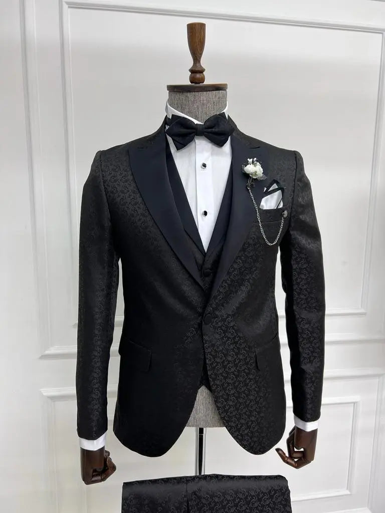 Sorento Black Slim Fit Floral Peak Lapel Tuxedo - Premium Formalwear for Men - BRABION