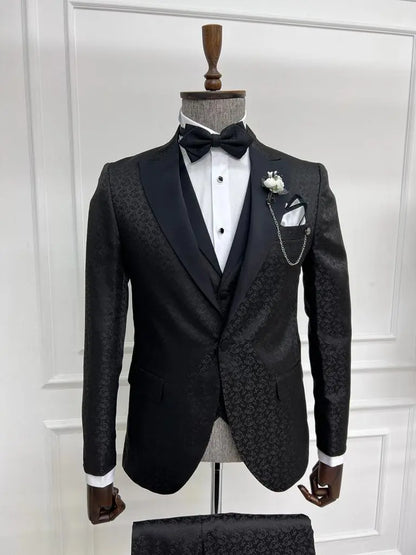 Sorento Black Slim Fit Floral Peak Lapel Tuxedo - Premium Formalwear for Men - BRABION
