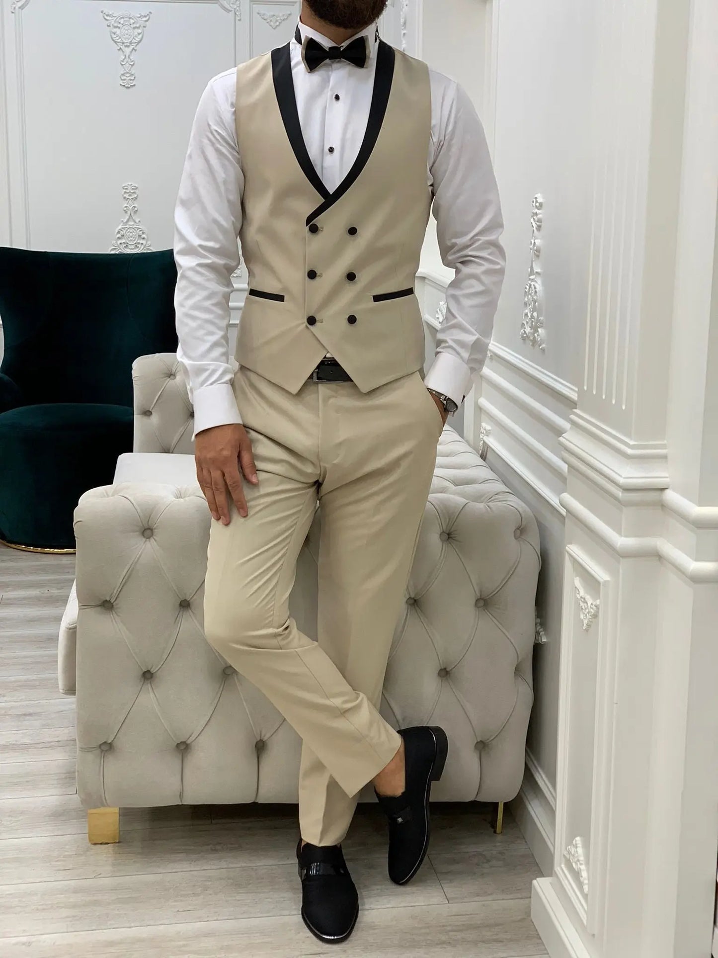 Infinite Beige Slim Fit Shawl Lapel Tuxedo - BRABION
