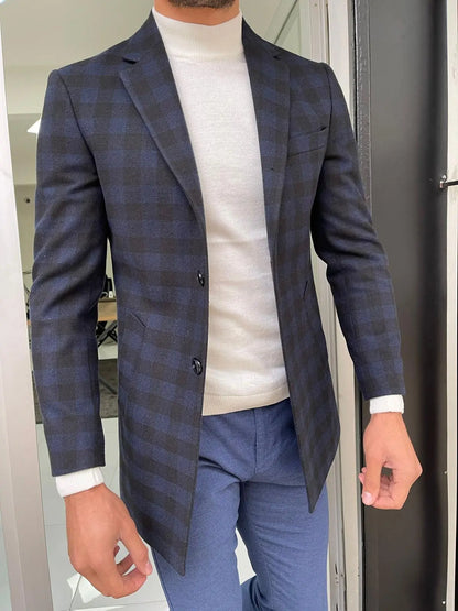 Melbourne Navy Blue Slim Fit Plaid Wool Long Coat - BRABION