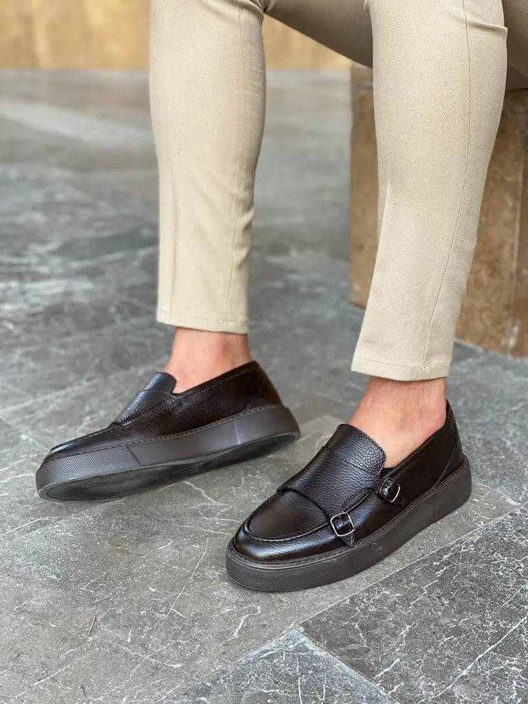 Remy Brown Double Monk Strap Loafers - Elegant Leather Footwear for Men - BRABION