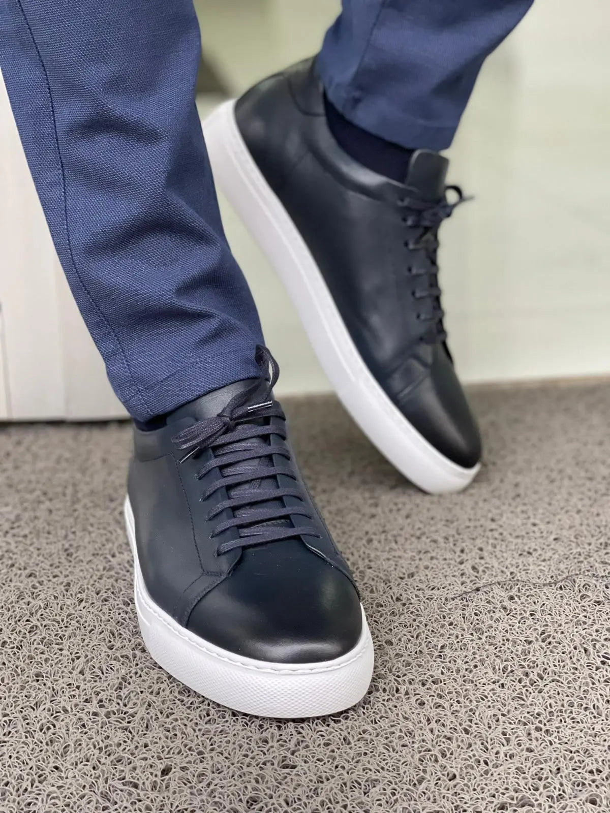 Martin Navy Blue Lace-Up Mid-Top Sneakers: The Perfect Blend of Style and Comfort - BRABION