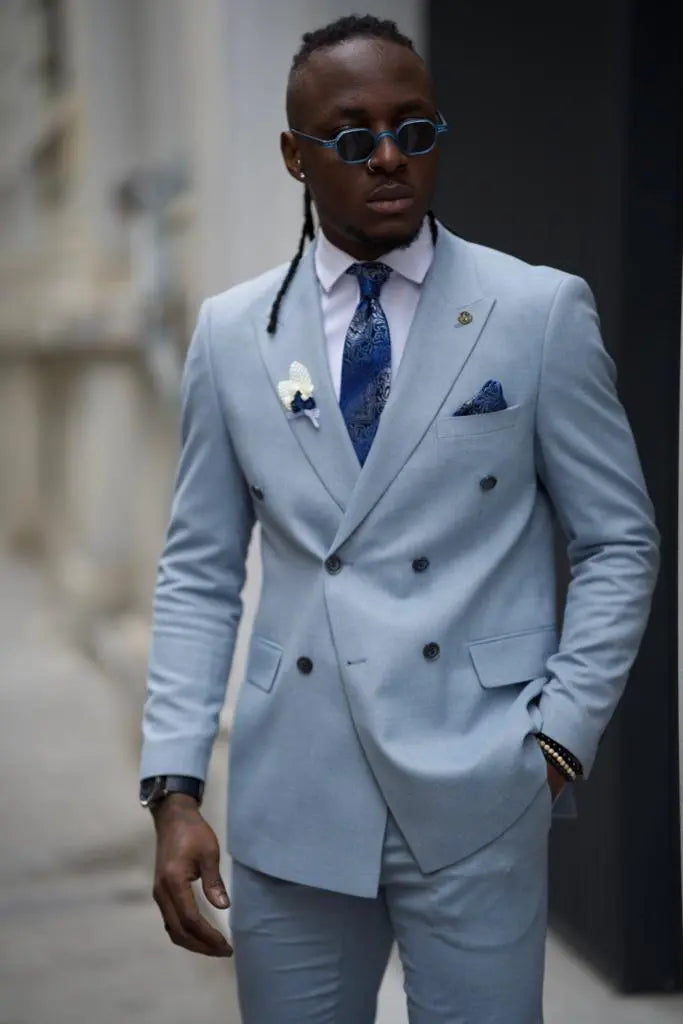 Sorento Sky Blue Slim Fit Double Breasted Linen Suit brabion