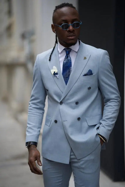 Sorento Sky Blue Slim Fit Double Breasted Linen Suit brabion