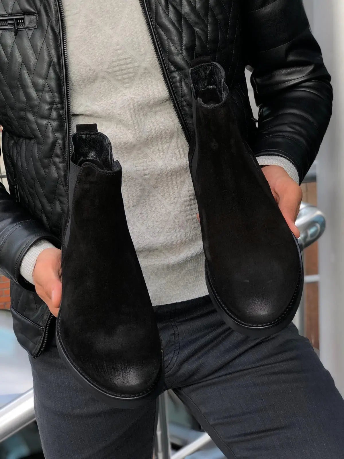 Aqua Black Suede Leather Chelsea Boots - BRABION