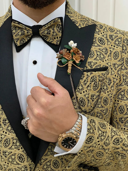 Caesar Golden Slim Fit Peak Lapel Floral Patterned Tuxedo - BRABION