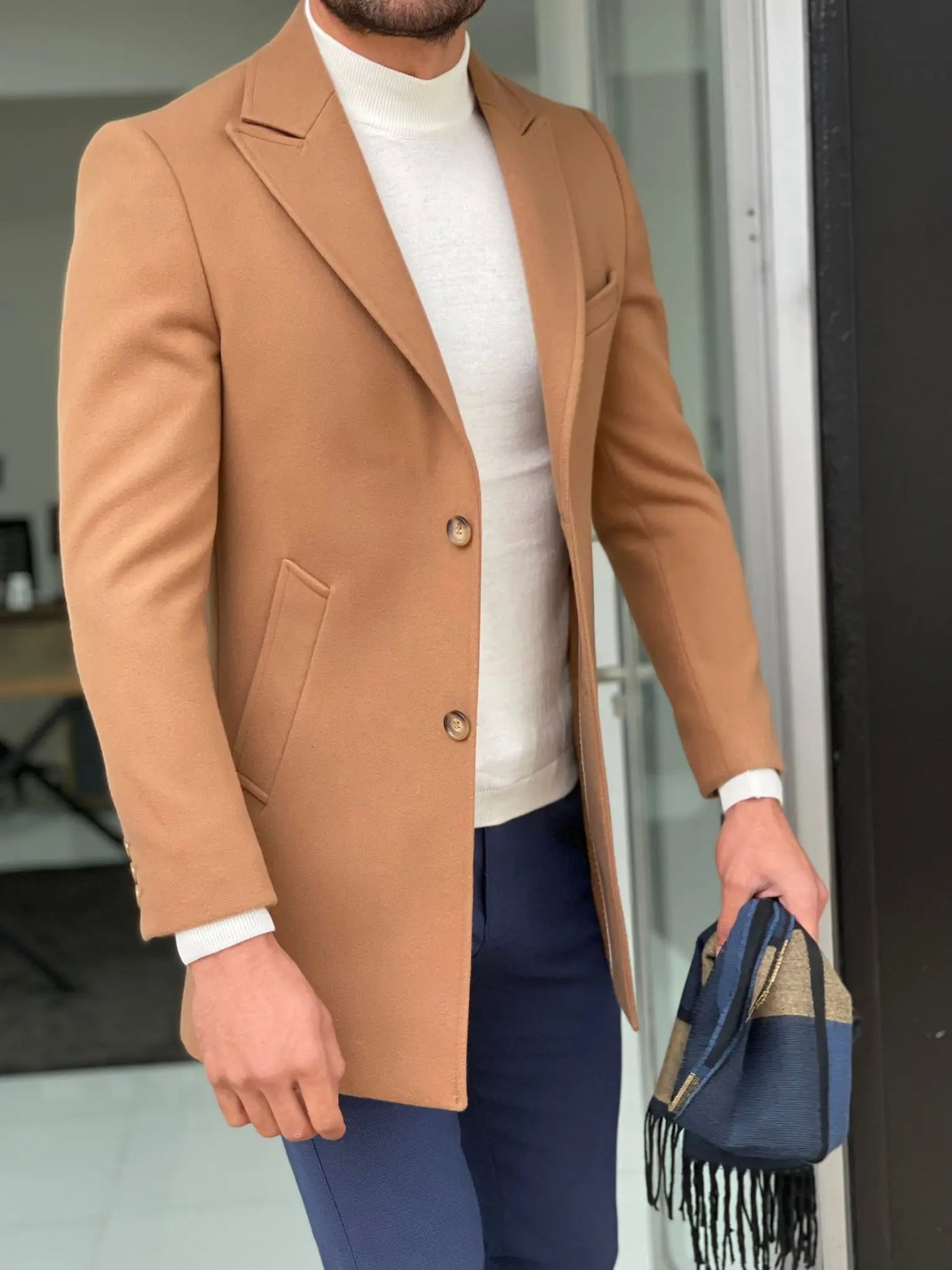 Viena Camel Slim Fit Wool Long Coat - BRABION